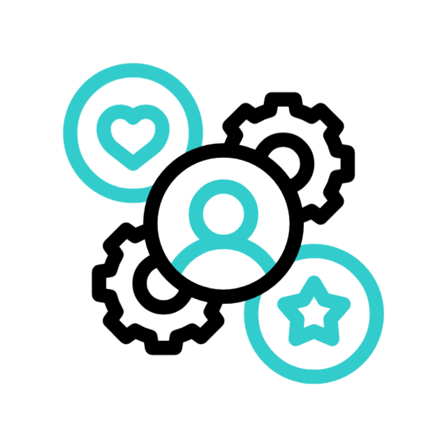 représentation de l'adaptabilité en mouvement avec des écrous, un portrait, un coeur et une étoile