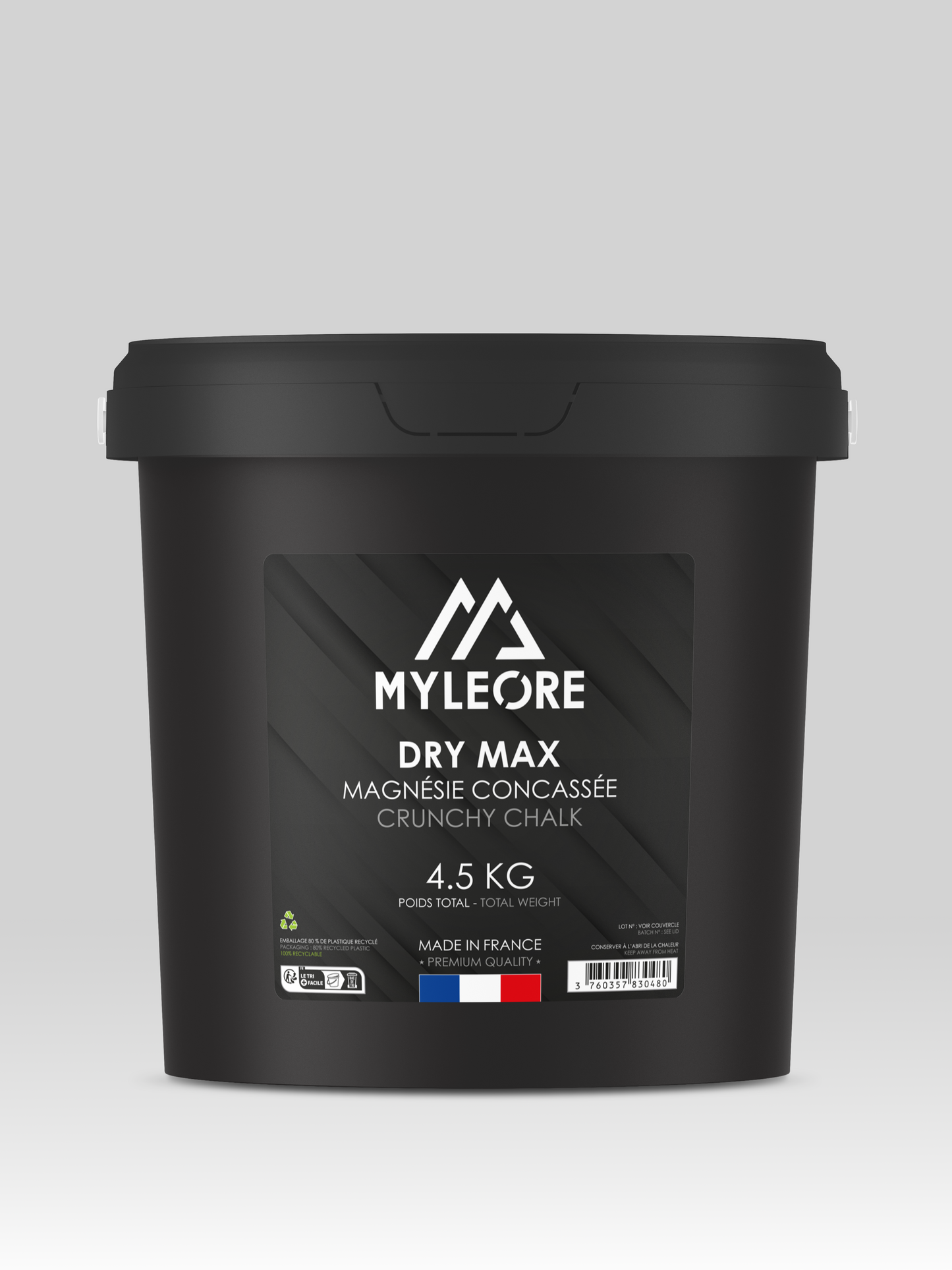 seau de 4,5kg de magnésie concassée dry max, avec étiquette Myléore vue de face 